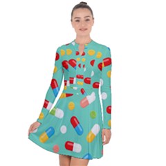 Pills Medicines Seamless Pattern Blue Background Long Sleeve Panel Dress by Wegoenart