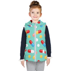 Pills Medicines Seamless Pattern Blue Background Kids  Hooded Puffer Vest by Wegoenart