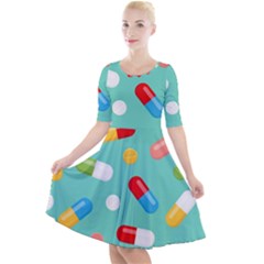 Pills Medicines Seamless Pattern Blue Background Quarter Sleeve A-line Dress by Wegoenart