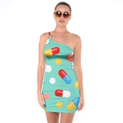 Pills Medicines Seamless Pattern Blue Background One Soulder Bodycon Dress by Wegoenart