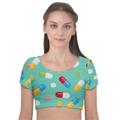 Pills Medicines Seamless Pattern Blue Background Velvet Short Sleeve Crop Top  by Wegoenart