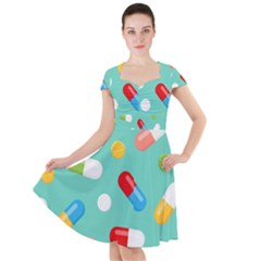 Pills Medicines Seamless Pattern Blue Background Cap Sleeve Midi Dress by Wegoenart