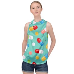 Pills Medicines Seamless Pattern Blue Background High Neck Satin Top by Wegoenart