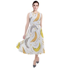 Seamless Stylish Pattern With Fresh Yellow Bananas Background Round Neck Boho Dress by Wegoenart