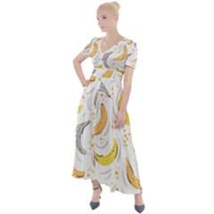 Seamless Stylish Pattern With Fresh Yellow Bananas Background Button Up Short Sleeve Maxi Dress