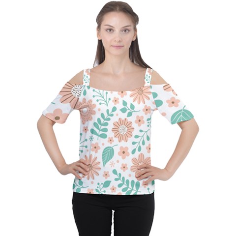 Pattern With Flowers Leaves Cutout Shoulder Tee by Wegoenart