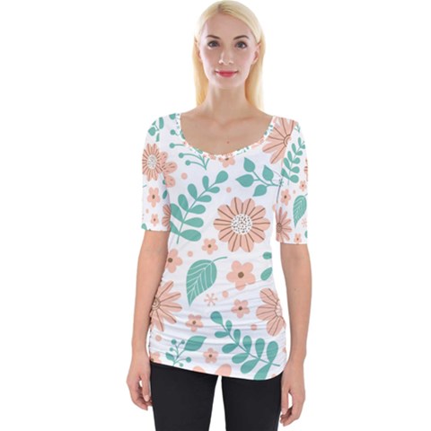 Pattern With Flowers Leaves Wide Neckline Tee by Wegoenart