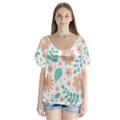 Pattern With Flowers Leaves V-neck Flutter Sleeve Top by Wegoenart