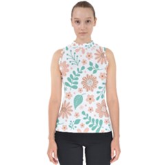 Pattern With Flowers Leaves Mock Neck Shell Top by Wegoenart