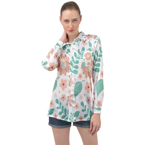 Pattern With Flowers Leaves Long Sleeve Satin Shirt by Wegoenart