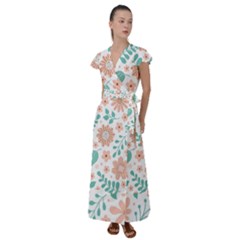 Pattern With Flowers Leaves Flutter Sleeve Maxi Dress by Wegoenart