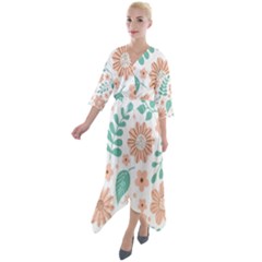 Pattern With Flowers Leaves Quarter Sleeve Wrap Front Maxi Dress