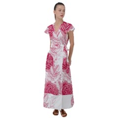 Flower Seamless Pattern With Roses Flutter Sleeve Maxi Dress