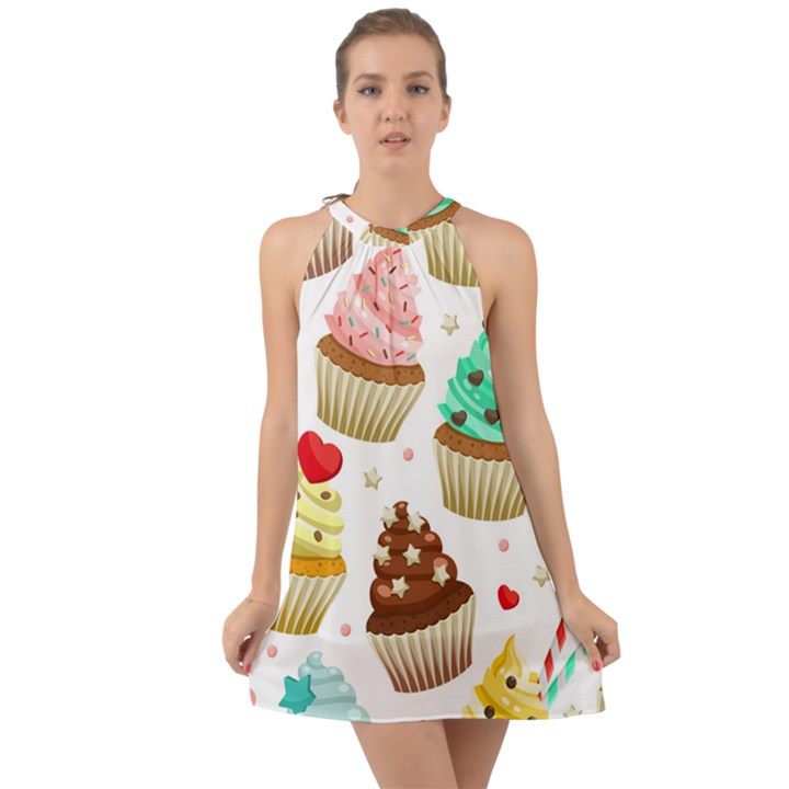 Seamless Pattern Yummy Colored Cupcakes Halter Tie Back Chiffon Dress