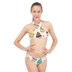 Seamless Pattern Yummy Colored Cupcakes High Neck Bikini Set by Wegoenart