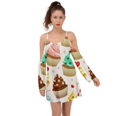 Seamless Pattern Yummy Colored Cupcakes Kimono Sleeves Boho Dress by Wegoenart