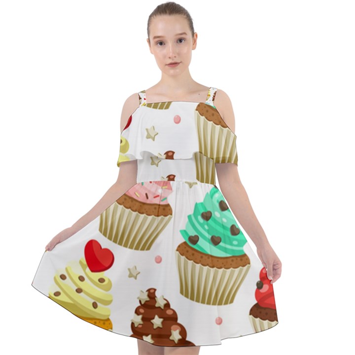 Seamless Pattern Yummy Colored Cupcakes Cut Out Shoulders Chiffon Dress