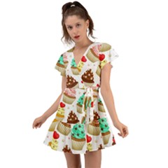 Seamless Pattern Yummy Colored Cupcakes Flutter Sleeve Wrap Dress by Wegoenart