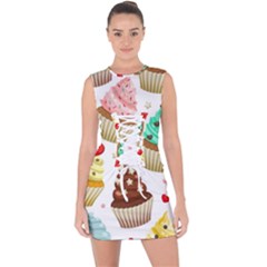 Seamless Pattern Yummy Colored Cupcakes Lace Up Front Bodycon Dress by Wegoenart