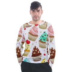 Seamless Pattern Yummy Colored Cupcakes Men s Long Sleeve Raglan Tee