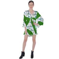 Seamless Pattern With Cucumber V-neck Flare Sleeve Mini Dress