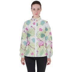 Beautiful Seamless Vector Tropical Pattern Background With Flamingo Hibiscus Women s High Neck Windbreaker by Wegoenart