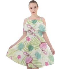 Beautiful Seamless Vector Tropical Pattern Background With Flamingo Hibiscus Cut Out Shoulders Chiffon Dress