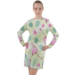 Beautiful Seamless Vector Tropical Pattern Background With Flamingo Hibiscus Long Sleeve Hoodie Dress