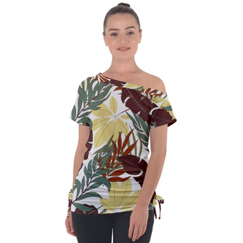 Botanical Seamless Tropical Pattern With Bright Red Green Plants Leaves Tie-up Tee by Wegoenart