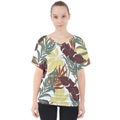 Botanical Seamless Tropical Pattern With Bright Red Green Plants Leaves V-neck Dolman Drape Top by Wegoenart