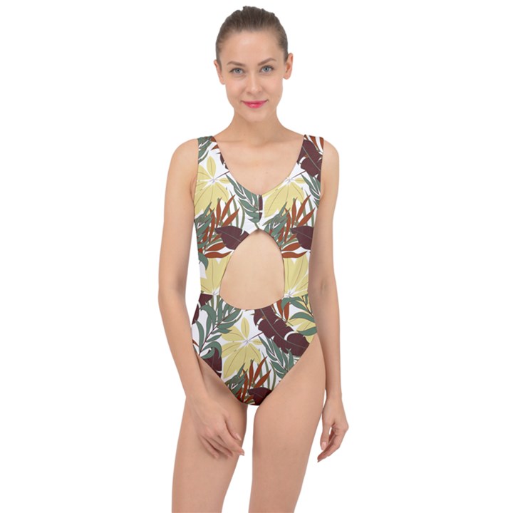 Botanical Seamless Tropical Pattern With Bright Red Green Plants Leaves Center Cut Out Swimsuit