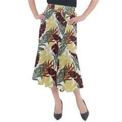 Botanical Seamless Tropical Pattern With Bright Red Green Plants Leaves Midi Mermaid Skirt by Wegoenart