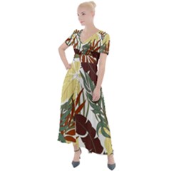 Botanical Seamless Tropical Pattern With Bright Red Green Plants Leaves Button Up Short Sleeve Maxi Dress