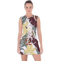 Botanical Seamless Tropical Pattern With Bright Red Green Plants Leaves Lace Up Front Bodycon Dress