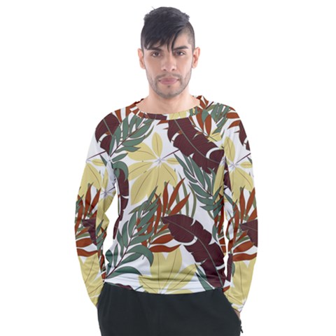 Botanical Seamless Tropical Pattern With Bright Red Green Plants Leaves Men s Long Sleeve Raglan Tee by Wegoenart