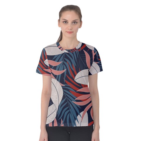 Fashionable Seamless Tropical Pattern With Bright Red Blue Flowers Women s Cotton Tee by Wegoenart