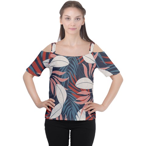 Fashionable Seamless Tropical Pattern With Bright Red Blue Flowers Cutout Shoulder Tee by Wegoenart