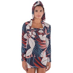 Fashionable Seamless Tropical Pattern With Bright Red Blue Flowers Long Sleeve Hooded T-shirt by Wegoenart