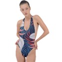 Fashionable Seamless Tropical Pattern With Bright Red Blue Flowers Backless Halter One Piece Swimsuit View1