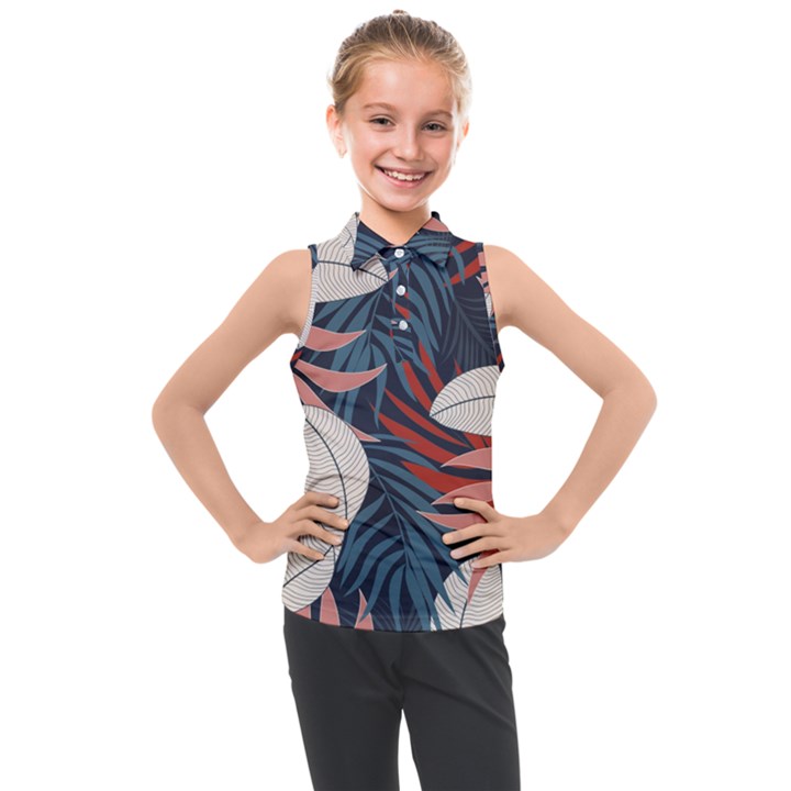 Fashionable Seamless Tropical Pattern With Bright Red Blue Flowers Kids  Sleeveless Polo Tee