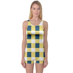 Diagonal Checkered Plaid Seamless Pattern One Piece Boyleg Swimsuit by Wegoenart