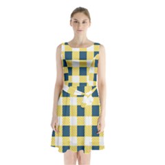 Diagonal Checkered Plaid Seamless Pattern Sleeveless Waist Tie Chiffon Dress by Wegoenart