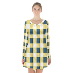 Diagonal Checkered Plaid Seamless Pattern Long Sleeve Velvet V-neck Dress by Wegoenart