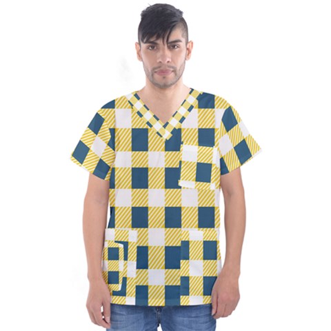 Diagonal Checkered Plaid Seamless Pattern Men s V-neck Scrub Top by Wegoenart