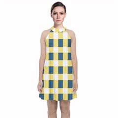 Diagonal Checkered Plaid Seamless Pattern Velvet Halter Neckline Dress  by Wegoenart