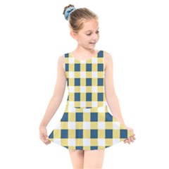 Diagonal Checkered Plaid Seamless Pattern Kids  Skater Dress Swimsuit by Wegoenart