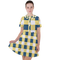 Diagonal Checkered Plaid Seamless Pattern Short Sleeve Shoulder Cut Out Dress  by Wegoenart