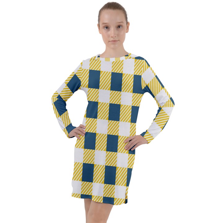 Diagonal Checkered Plaid Seamless Pattern Long Sleeve Hoodie Dress