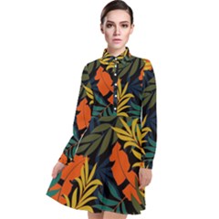 Fashionable Seamless Tropical Pattern With Bright Green Blue Plants Leaves Long Sleeve Chiffon Shirt Dress by Wegoenart