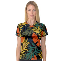 Fashionable Seamless Tropical Pattern With Bright Green Blue Plants Leaves V-neck Sport Mesh Tee